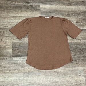 Faherty Brown Ribbed Crew Neck Shirt with Longer Short Sleeves Women’s Small